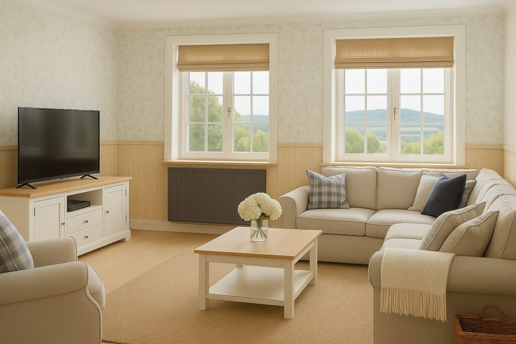 wohnzimmer mit flächenspeicherheizung in ral-braun