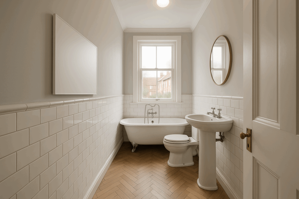 Modernes Badezimmer mit wandmontierter Infrarot-Heizung und freistehender Badewanne