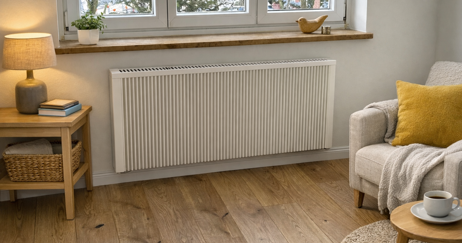 Elektroheizung im Wohnraum unter dem Fenster – klassische gerippte Front im Bestand