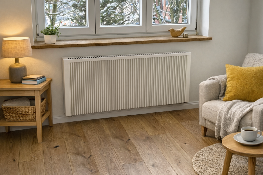 Moderne elektrische Flächenspeicherheizung in einem Wohnraum im Bestand – wirtschaftliche Alternative zur Wärmepumpe