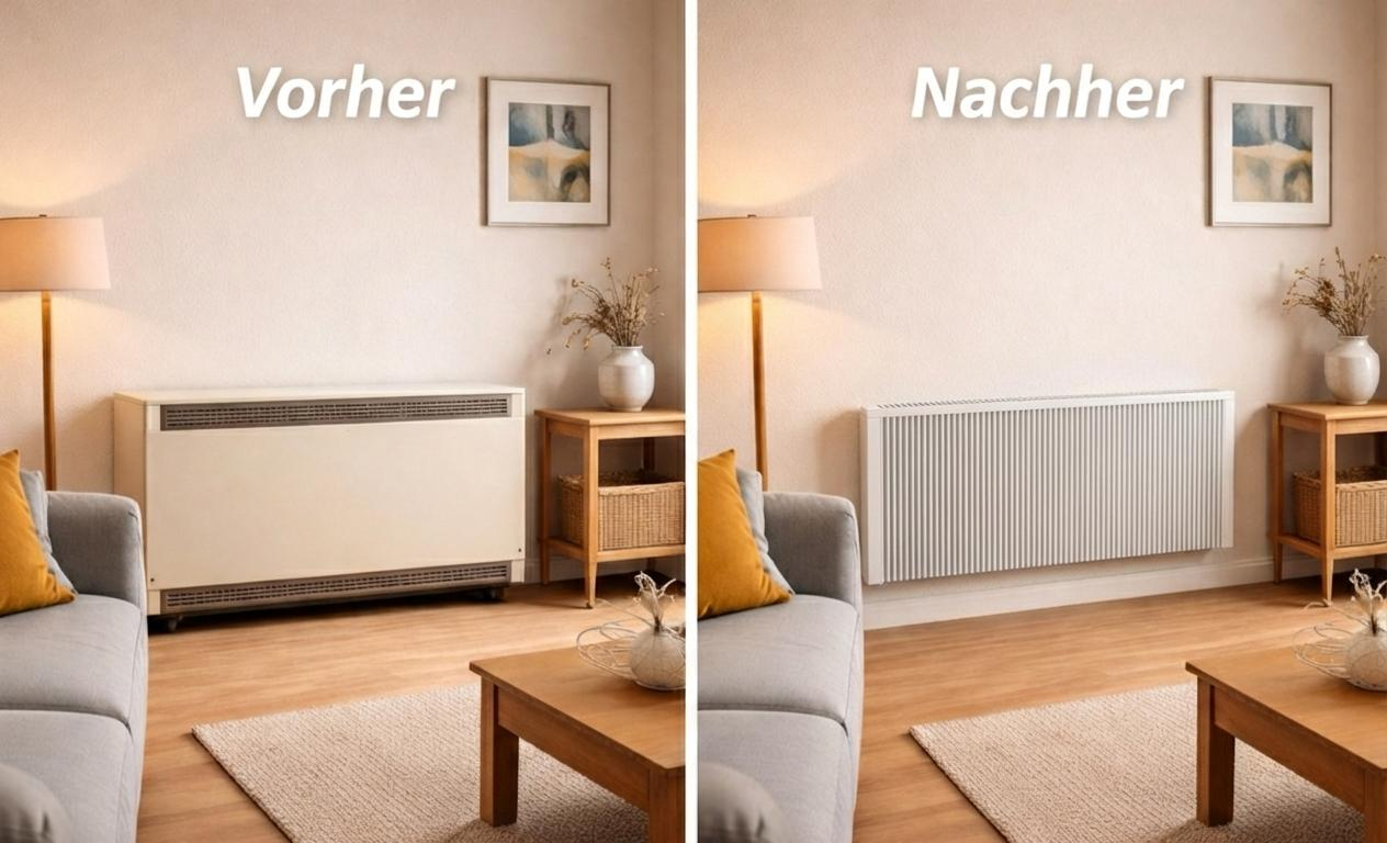 Vorher-Nachher-Vergleich: Austausch einer Nachtspeicherheizung gegen moderne Flächenspeicherheizung im Wohnzimmer